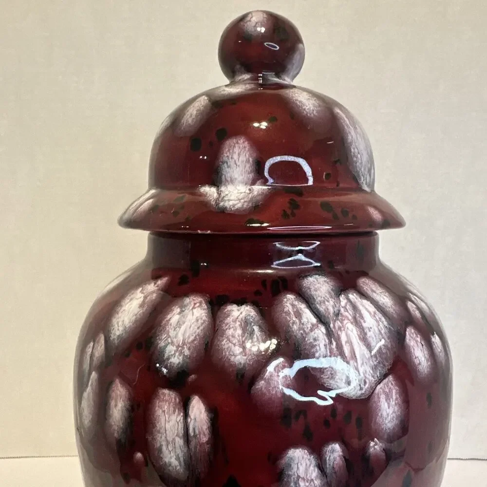 Handmade‎ Red White Drip Glaze Ceramic Ginger Jar Vase with Lid 13.5